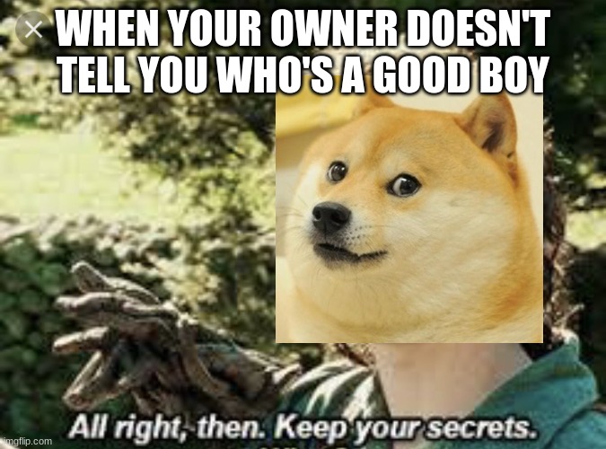 All Right Then, Keep Your Secrets | WHEN YOUR OWNER DOESN'T TELL YOU WHO'S A GOOD BOY | image tagged in all right then keep your secrets | made w/ Imgflip meme maker