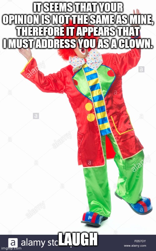 Clown Argument Comeback | IT SEEMS THAT YOUR OPINION IS NOT THE SAME AS MINE, THEREFORE IT APPEARS THAT I MUST ADDRESS YOU AS A CLOWN. LAUGH | image tagged in surprised clown | made w/ Imgflip meme maker