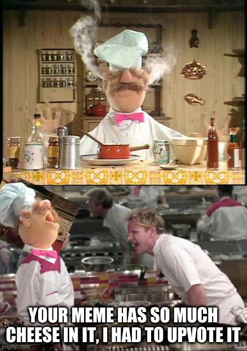 YOUR MEME HAS SO MUCH CHEESE IN IT, I HAD TO UPVOTE IT | image tagged in memes,angry chef gordon ramsay,swedish chef meme sauce | made w/ Imgflip meme maker