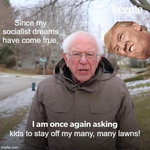 Bernie I Am Once Again Asking For Your Support | Since my socialist dreams have come true, kids to stay off my many, many lawns! | image tagged in memes,bernie i am once again asking for your support | made w/ Imgflip meme maker