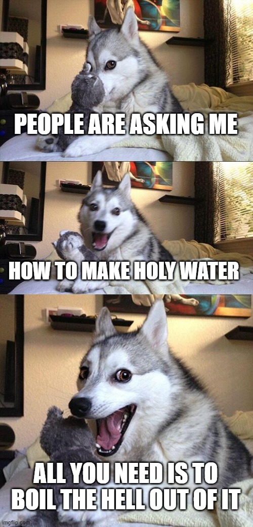 Problem solved. | PEOPLE ARE ASKING ME; HOW TO MAKE HOLY WATER; ALL YOU NEED IS TO BOIL THE HELL OUT OF IT | image tagged in memes,bad pun dog | made w/ Imgflip meme maker