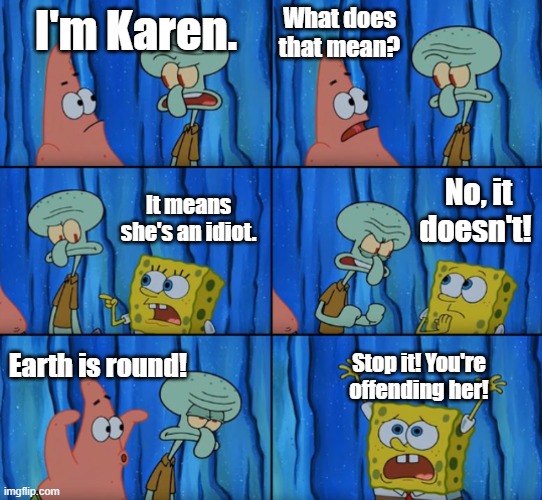 "I am a proud Anti-vaxxer mom, flat-earther, and vegan!" |  What does that mean? I'm Karen. No, it doesn't! It means she's an idiot. Stop it! You're offending her! Earth is round! | image tagged in stop it patrick you're scaring him correct text boxes | made w/ Imgflip meme maker