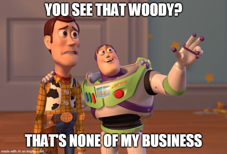 Your woody is none of my business | YOU SEE THAT WOODY? THAT'S NONE OF MY BUSINESS | image tagged in memes,x x everywhere | made w/ Imgflip meme maker