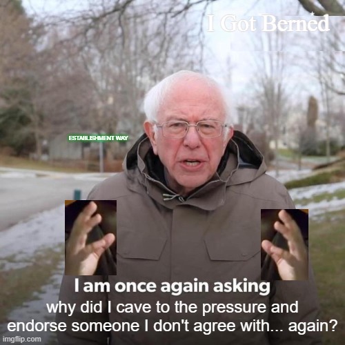 Bernie I Am Once Again Asking For Your Support | I Got Berned; ESTABLISHMENT WAY; why did I cave to the pressure and endorse someone I don't agree with... again? | image tagged in bernie i am once again asking for your support,creepy joe biden,cnn fake news,msm lies,bernie sanders,democratic convention | made w/ Imgflip meme maker