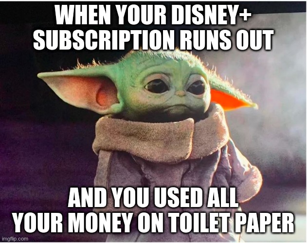 Baby Yoda Disney+ | WHEN YOUR DISNEY+ SUBSCRIPTION RUNS OUT; AND YOU USED ALL YOUR MONEY ON TOILET PAPER | image tagged in sad baby yoda | made w/ Imgflip meme maker