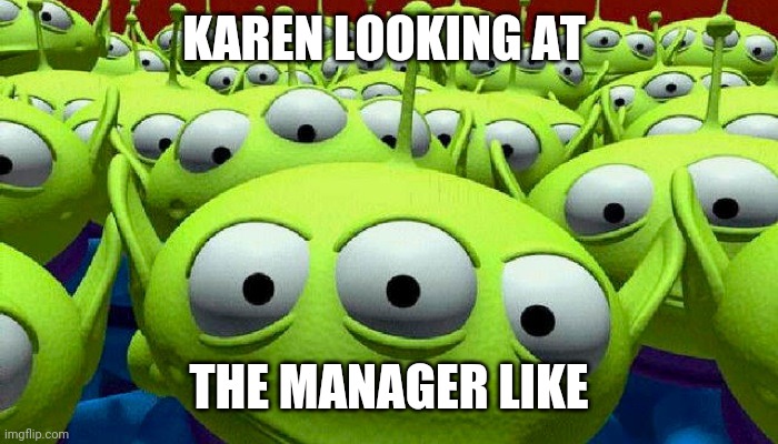 Toy Story aliens | KAREN LOOKING AT; THE MANAGER LIKE | image tagged in toy story aliens | made w/ Imgflip meme maker