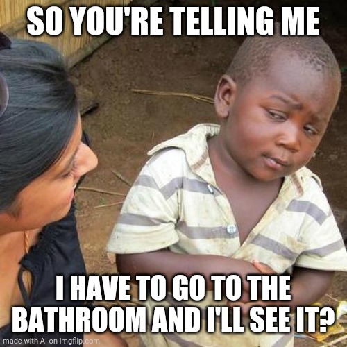 I need to tinkle | SO YOU'RE TELLING ME; I HAVE TO GO TO THE BATHROOM AND I'LL SEE IT? | image tagged in memes,third world skeptical kid,bathroom humor | made w/ Imgflip meme maker