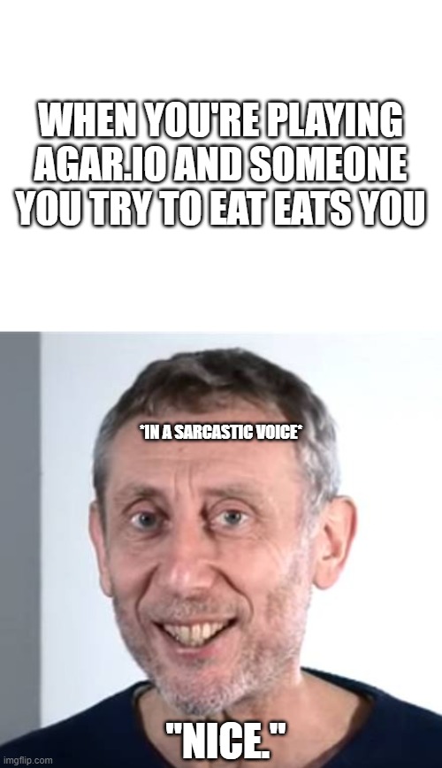 WHEN YOU'RE PLAYING AGAR.IO AND SOMEONE YOU TRY TO EAT EATS YOU *IN A SARCASTIC VOICE* "NICE." | image tagged in blank white template,nice michael rosen | made w/ Imgflip meme maker