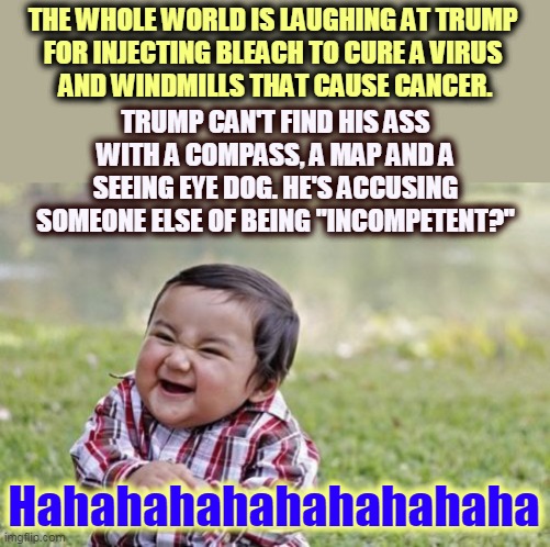 Trump is the poster boy for incompetence. | THE WHOLE WORLD IS LAUGHING AT TRUMP 
FOR INJECTING BLEACH TO CURE A VIRUS 
AND WINDMILLS THAT CAUSE CANCER. TRUMP CAN'T FIND HIS ASS WITH A COMPASS, A MAP AND A SEEING EYE DOG. HE'S ACCUSING SOMEONE ELSE OF BEING "INCOMPETENT?"; Hahahahahahahahahaha | image tagged in memes,evil toddler,trump,incompetence | made w/ Imgflip meme maker