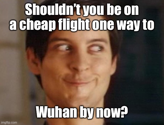 Spiderman Peter Parker Meme | Shouldn’t you be on a cheap flight one way to Wuhan by now? | image tagged in memes,spiderman peter parker | made w/ Imgflip meme maker