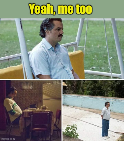 Sad Pablo Escobar Meme | Yeah, me too | image tagged in memes,sad pablo escobar | made w/ Imgflip meme maker