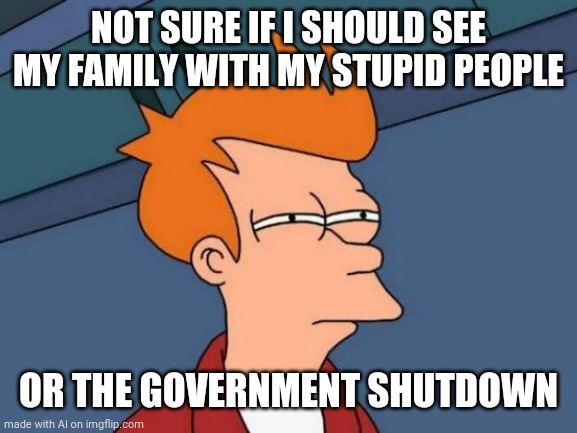 Fry Nonsense | NOT SURE IF I SHOULD SEE MY FAMILY WITH MY STUPID PEOPLE; OR THE GOVERNMENT SHUTDOWN | image tagged in memes,futurama fry | made w/ Imgflip meme maker