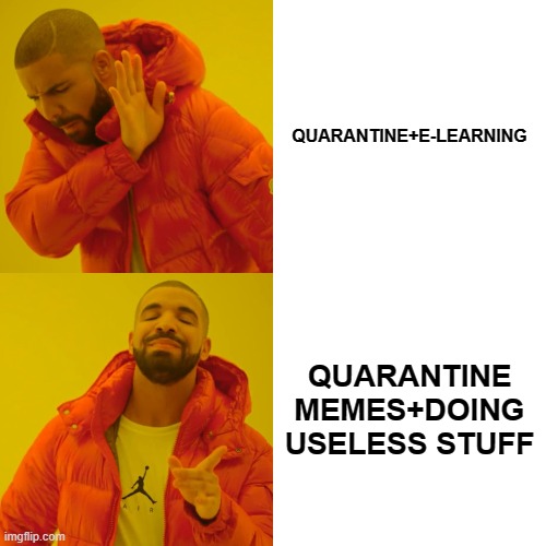 Drake Hotline Bling | QUARANTINE+E-LEARNING; QUARANTINE MEMES+DOING USELESS STUFF | image tagged in memes,drake hotline bling | made w/ Imgflip meme maker