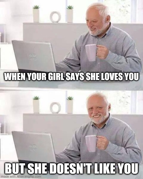 Love not like | WHEN YOUR GIRL SAYS SHE LOVES YOU; BUT SHE DOESN'T LIKE YOU | image tagged in memes,hide the pain harold | made w/ Imgflip meme maker