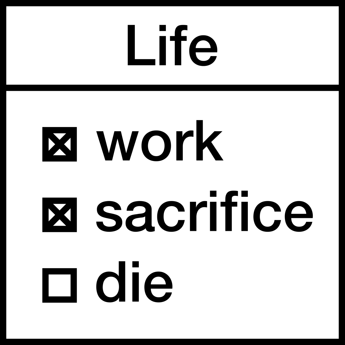 High Quality Life: work, sacrifice, die. Blank Meme Template