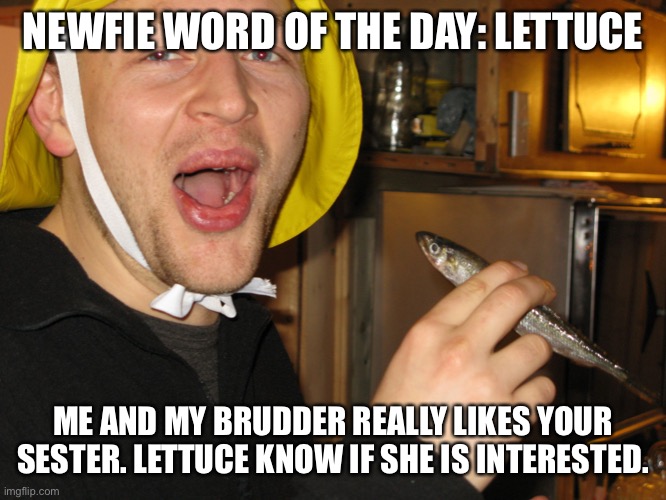 Newfie word of day | NEWFIE WORD OF THE DAY: LETTUCE; ME AND MY BRUDDER REALLY LIKES YOUR SESTER. LETTUCE KNOW IF SHE IS INTERESTED. | image tagged in newfie word of day | made w/ Imgflip meme maker