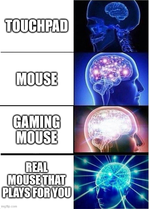 Big brain | TOUCHPAD; MOUSE; GAMING MOUSE; REAL MOUSE THAT PLAYS FOR YOU | image tagged in memes,expanding brain | made w/ Imgflip meme maker