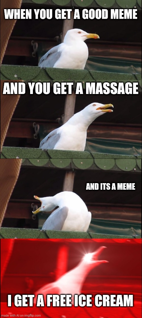 Inhaling Seagull | WHEN YOU GET A GOOD MEME; AND YOU GET A MASSAGE; AND ITS A MEME; I GET A FREE ICE CREAM | image tagged in memes,inhaling seagull | made w/ Imgflip meme maker