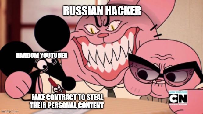 Lingualizer in a nutshell | RUSSIAN HACKER; RANDOM YOUTUBER; FAKE CONTRACT TO STEAL THEIR PERSONAL CONTENT | image tagged in evil richard | made w/ Imgflip meme maker