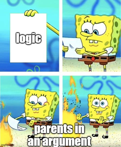 Spongebob Burning Paper | logic; parents in an argument | image tagged in spongebob burning paper | made w/ Imgflip meme maker