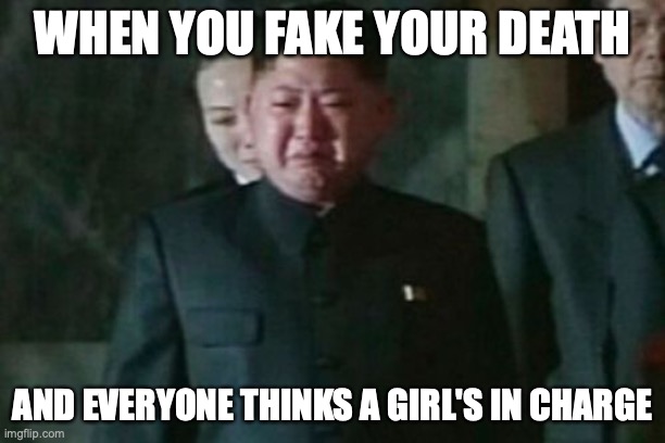 I'm sorry bud | WHEN YOU FAKE YOUR DEATH; AND EVERYONE THINKS A GIRL'S IN CHARGE | image tagged in memes,kim jong un sad | made w/ Imgflip meme maker