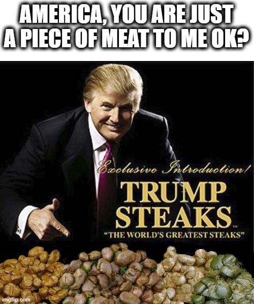 Available at Radio Shack | AMERICA, YOU ARE JUST A PIECE OF MEAT TO ME OK? | image tagged in memes,politics,bankruptcy,corruption,maga,donald trump is an idiot | made w/ Imgflip meme maker