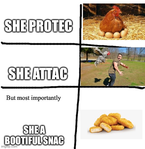 not suitable no vegetarians |  SHE PROTEC; SHE ATTAC; But most importantly; SHE A BOOTIFUL SNAC | image tagged in blank template,he protec he attac but most importantly,chicken | made w/ Imgflip meme maker