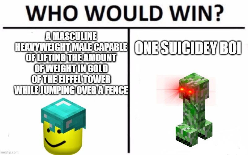 Who Would Win? Meme | A MASCULINE HEAVYWEIGHT MALE CAPABLE OF LIFTING THE AMOUNT OF WEIGHT IN GOLD OF THE EIFFEL TOWER WHILE JUMPING OVER A FENCE; ONE SUICIDEY BOI | image tagged in memes,who would win | made w/ Imgflip meme maker