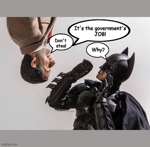 Super Heros 5 | It's the government's 
JOB! Don't 
steal; Why? | image tagged in super heros 5 | made w/ Imgflip meme maker