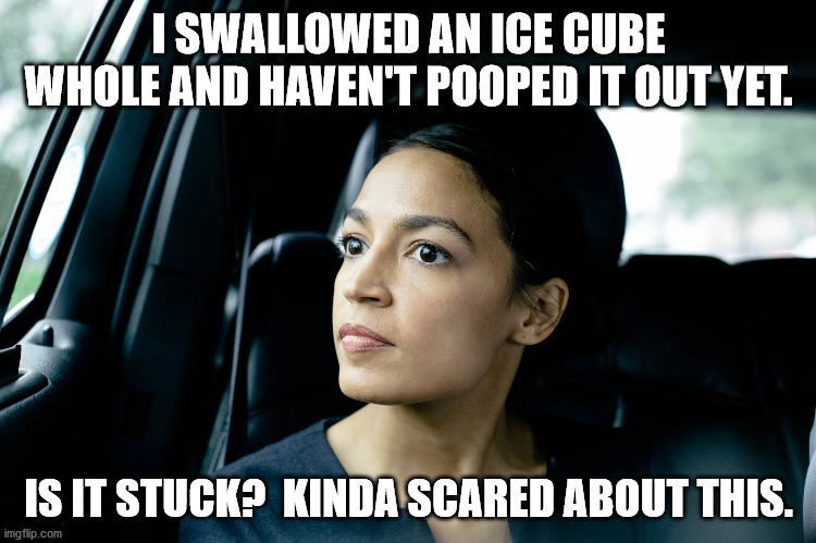 AOC | I SWALLOWED AN ICE CUBE WHOLE AND HAVEN'T POOPED IT OUT YET. IS IT STUCK?  KINDA SCARED ABOUT THIS. | image tagged in alexandria ocasio-cortez | made w/ Imgflip meme maker