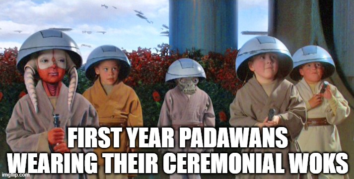 Masters of Stir Fry | FIRST YEAR PADAWANS WEARING THEIR CEREMONIAL WOKS | image tagged in star wars younglings | made w/ Imgflip meme maker