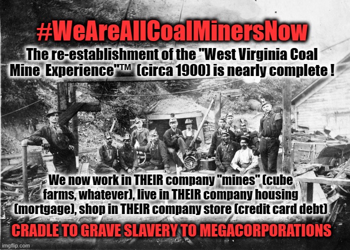 Return to Slavery | #WeAreAllCoalMinersNow; The re-establishment of the "West Virginia Coal Mine  Experience"™  (circa 1900) is nearly complete ! We now work in THEIR company "mines" (cube farms, whatever), live in THEIR company housing (mortgage), shop in THEIR company store (credit card debt); CRADLE TO GRAVE SLAVERY TO MEGACORPORATIONS | image tagged in w va coal mines,slavery,megacorps | made w/ Imgflip meme maker