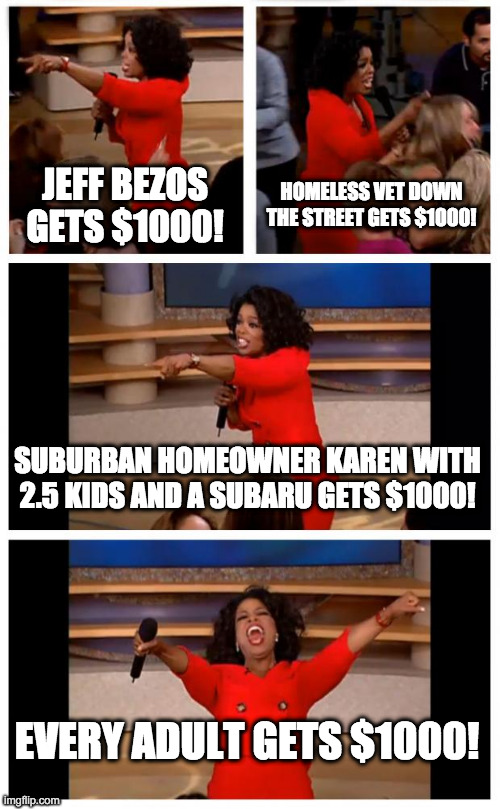 Universal Basic Income | JEFF BEZOS GETS $1000! HOMELESS VET DOWN THE STREET GETS $1000! SUBURBAN HOMEOWNER KAREN WITH 2.5 KIDS AND A SUBARU GETS $1000! EVERY ADULT GETS $1000! | image tagged in memes,oprah you get a car everybody gets a car,yang | made w/ Imgflip meme maker