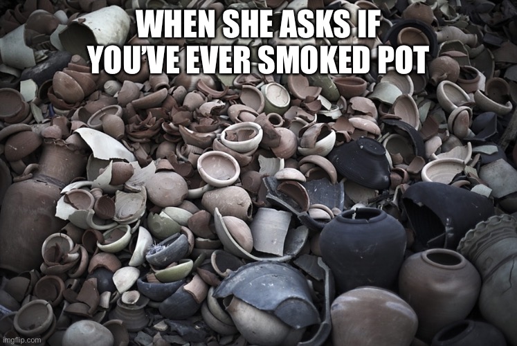 pottery  | WHEN SHE ASKS IF YOU’VE EVER SMOKED POT | image tagged in pottery | made w/ Imgflip meme maker