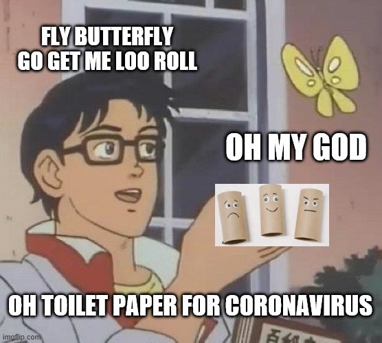 Loo roll | FLY BUTTERFLY GO GET ME LOO ROLL; OH MY GOD; OH TOILET PAPER FOR CORONAVIRUS | image tagged in memes,i need it | made w/ Imgflip meme maker