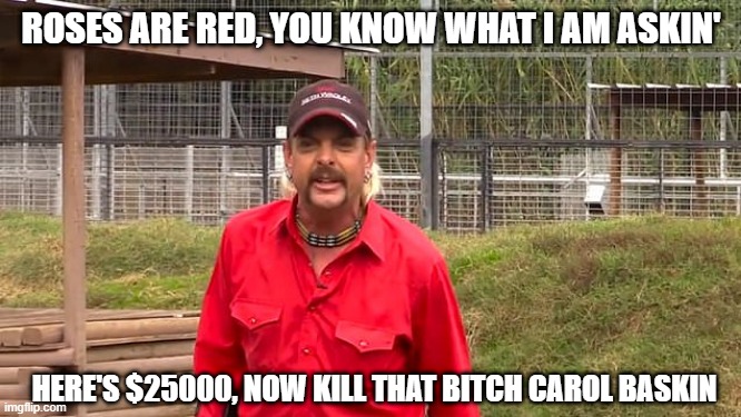 Hire the Hit Man | ROSES ARE RED, YOU KNOW WHAT I AM ASKIN'; HERE'S $25000, NOW KILL THAT BITCH CAROL BASKIN | image tagged in joe exotic | made w/ Imgflip meme maker