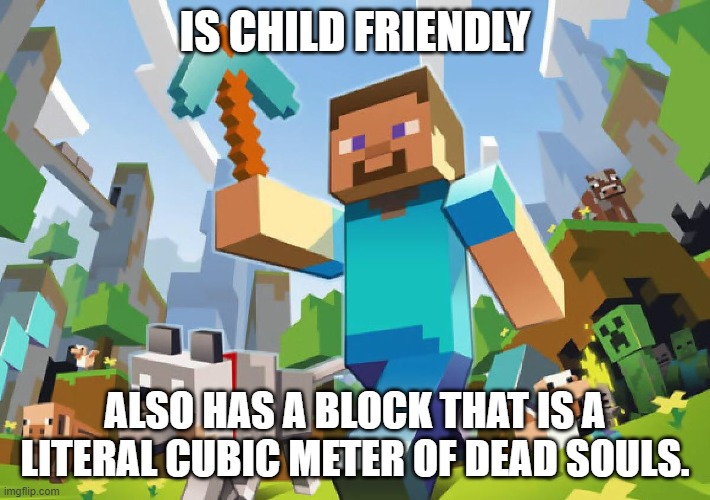 Soulcraft | IS CHILD FRIENDLY; ALSO HAS A BLOCK THAT IS A LITERAL CUBIC METER OF DEAD SOULS. | image tagged in minecraft | made w/ Imgflip meme maker
