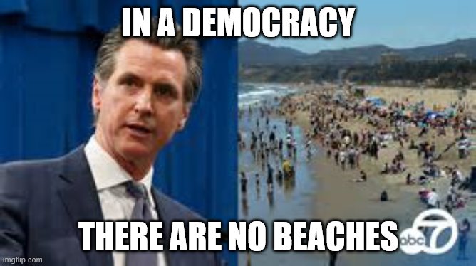 Gavin Newsom No Beaches | IN A DEMOCRACY; THERE ARE NO BEACHES | image tagged in gavin newsom | made w/ Imgflip meme maker