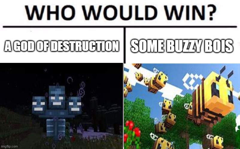 who will win a battle? | A GOD OF DESTRUCTION; SOME BUZZY BOIS | image tagged in which one will win a battle,destruction god or buzzy bois | made w/ Imgflip meme maker