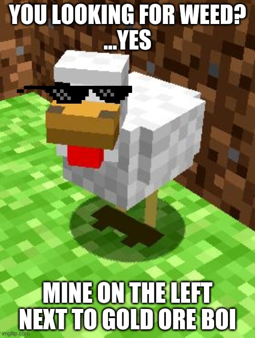Minecraft Advice Chicken | YOU LOOKING FOR WEED?

...YES; MINE ON THE LEFT NEXT TO GOLD ORE BOI | image tagged in minecraft advice chicken | made w/ Imgflip meme maker