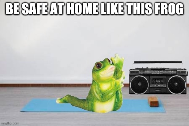 yoga time | BE SAFE AT HOME LIKE THIS FROG | image tagged in frog,yoga,yes | made w/ Imgflip meme maker