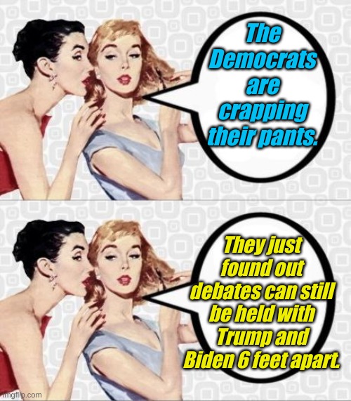 The Democrats are crapping their pants. They just found out debates can still be held with Trump and Biden 6 feet apart. | image tagged in gossip girls | made w/ Imgflip meme maker
