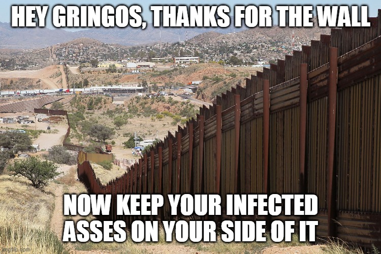 And we're still not paying for it, naranja loco | HEY GRINGOS, THANKS FOR THE WALL; NOW KEEP YOUR INFECTED ASSES ON YOUR SIDE OF IT | image tagged in border wall 02 | made w/ Imgflip meme maker