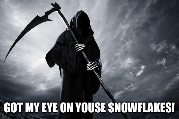 Death | GOT MY EYE ON YOUSE SNOWFLAKES! | image tagged in death | made w/ Imgflip meme maker