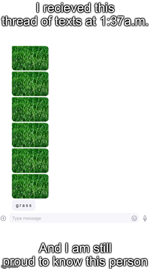 g r a s s | I recieved this thread of texts at 1:37a.m. And I am still proud to know this person | image tagged in g r a s s | made w/ Imgflip meme maker