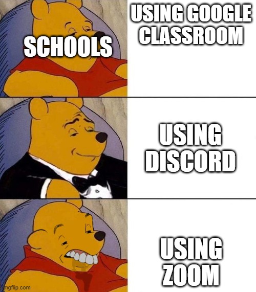 Accuracy | USING GOOGLE CLASSROOM; SCHOOLS; USING DISCORD; USING ZOOM | image tagged in winnie pooh | made w/ Imgflip meme maker