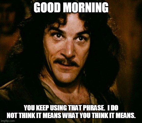 inconceivable  | GOOD MORNING; YOU KEEP USING THAT PHRASE.  I DO NOT THINK IT MEANS WHAT YOU THINK IT MEANS. | image tagged in inconceivable | made w/ Imgflip meme maker