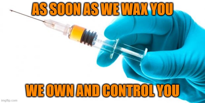 Medical Tyranny |  AS SOON AS WE WAX YOU; WE OWN AND CONTROL YOU | image tagged in syringe vaccine medicine,wax,mark,of,the beast | made w/ Imgflip meme maker