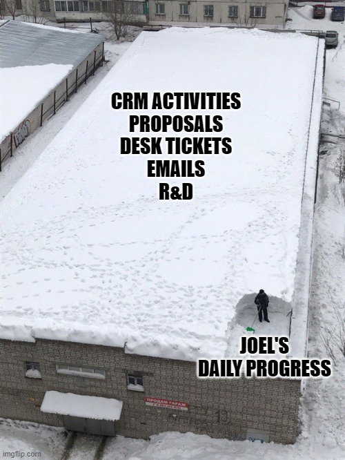 Snow roof | CRM ACTIVITIES
PROPOSALS
DESK TICKETS
EMAILS
R&D; JOEL'S DAILY PROGRESS | image tagged in snow roof | made w/ Imgflip meme maker