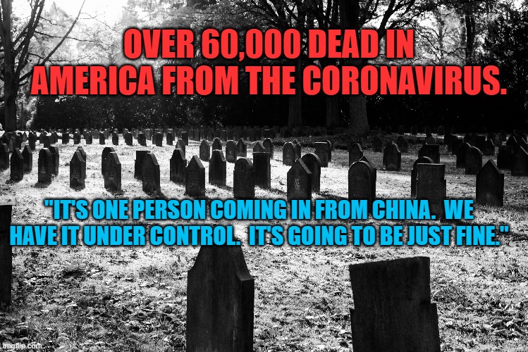 "Just Fine" Redefined | OVER 60,000 DEAD IN AMERICA FROM THE CORONAVIRUS. "IT'S ONE PERSON COMING IN FROM CHINA.  WE HAVE IT UNDER CONTROL.  IT'S GOING TO BE JUST FINE." | image tagged in politics | made w/ Imgflip meme maker
